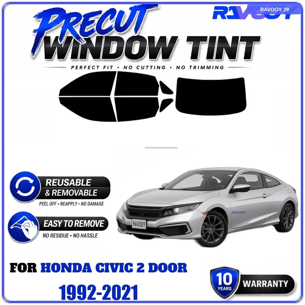 RAVOOY Precut Window Tint, Reusable Removable EPU Film, Custom Fit for Honda Civic 2 Door 1992-2021, UV Heat Protection