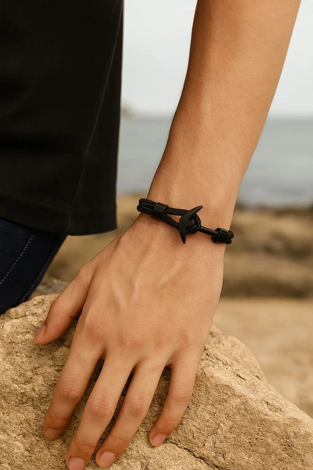 Kirykle Bracciale da uomo con ancoraggio nero, regolabile, con corda nautica, gioielli di moda per il surfista, marinaio, regalo all'aperto