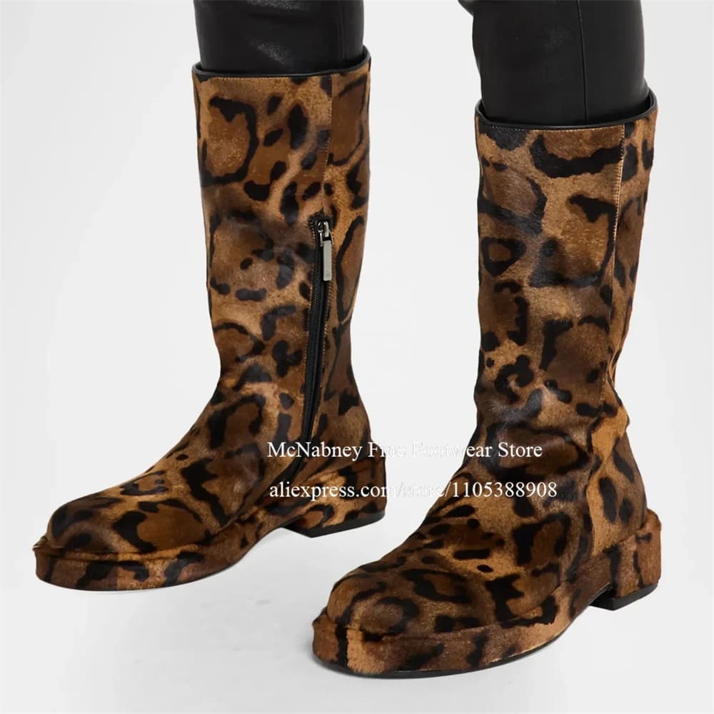 Leopard Print Calf Hair Side Zipper Chunky Heel Men Mid Calf Boots Round Toe Bold Statement Leg Boots Streetwear Casual Boots