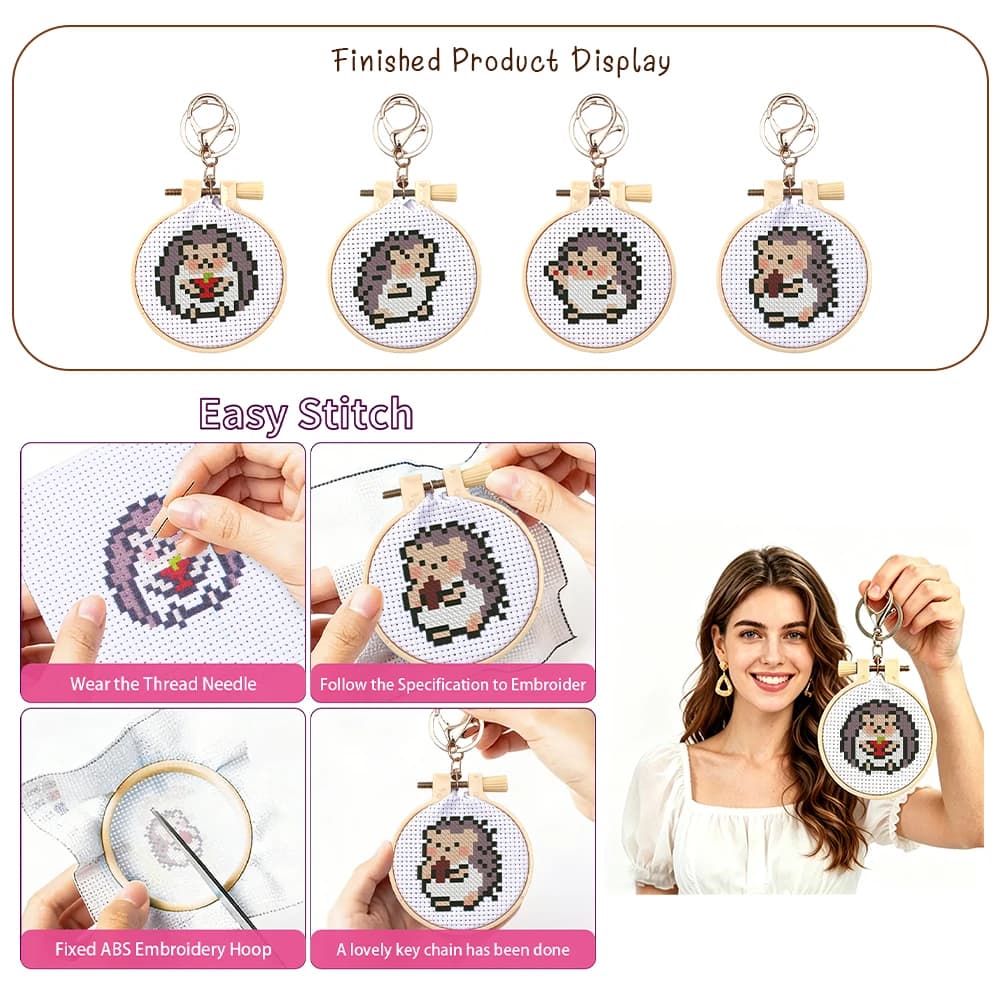 4 Styles Hedgehog Cross Stitch Keychain Kit for Beginners, Cute Animal Embroidery Hoops Set, Easy Stitch DIY Keychain Making