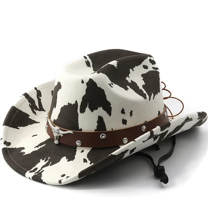 Vintage Leather Cowboy Hat for Women and Men with Cow Print Design Wide Brim Western Cap featuring Windproof Rope and Leather