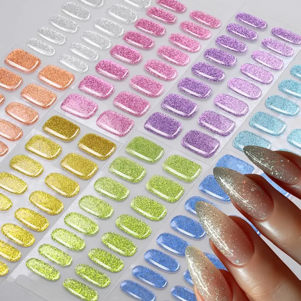 16 Tips Adesivi Unghie in Gel Semi-Polimerizzato Glitterati Colorati, Copertura Completa, Autoadesivi, Strisce per Manicure Press-On, Richiede UV LED