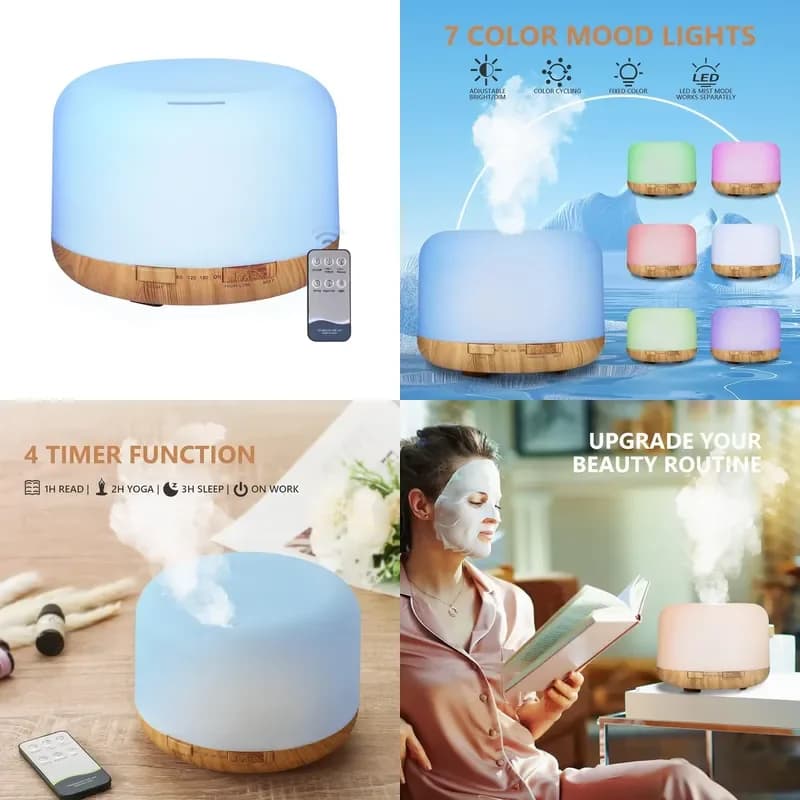 500ML USB Wood Grain Aroma Diffuser, Essential Oil Diffuser, Air Humidifier with Remote Control, Colorful Night Lights For