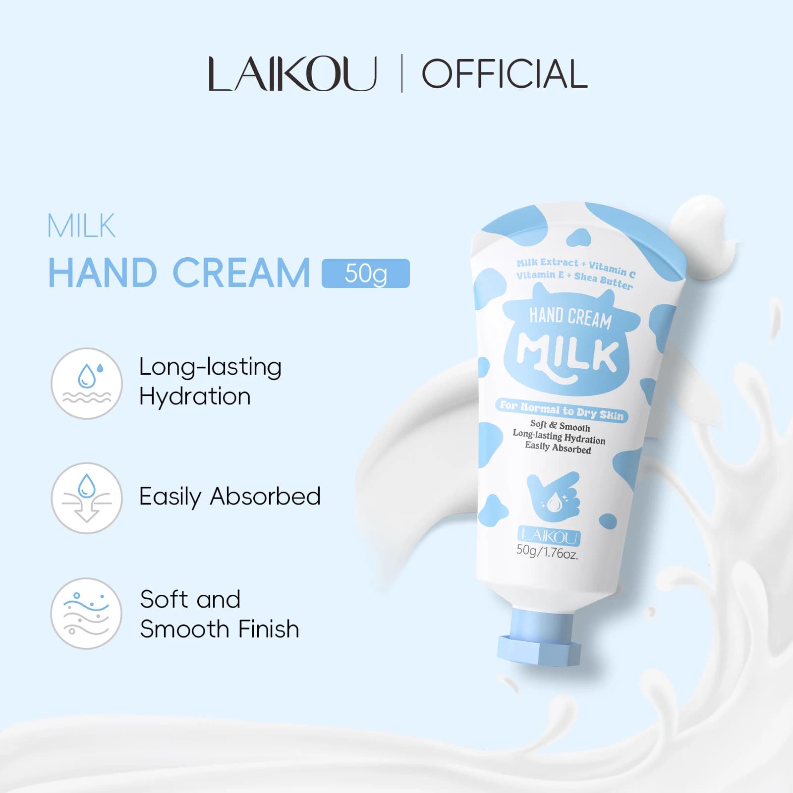 LAIKOU Milk Extract Hand Cream 50g Moisturizing Brighten Dry Skin Daily Hand Care Non-Greasy Portable Care Dry Lines