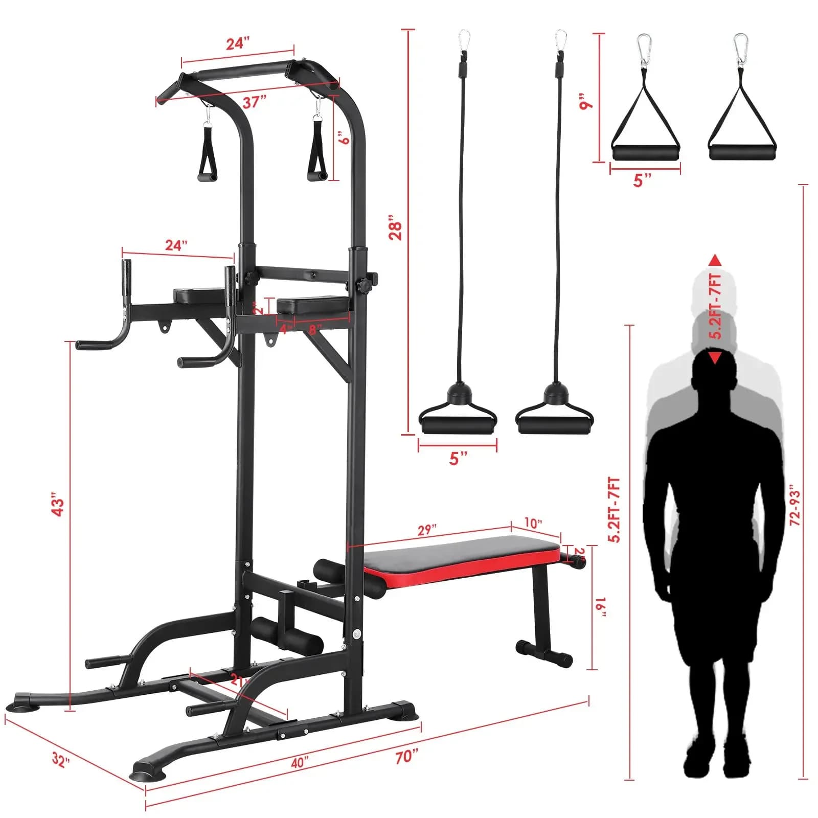 Power Tower with bench, support for traction bar, dive bar with folding bench for 4-string strength training, multifunction fitness equipment