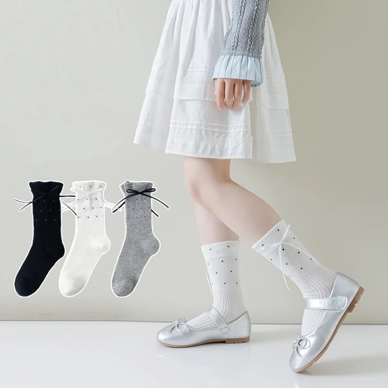 Kids Thin Mid-Calf Socks For Girls Spring Summer Children's Ruffle Korean Ballet Style Socks Sweet Polka Dot Bow Princess Sock