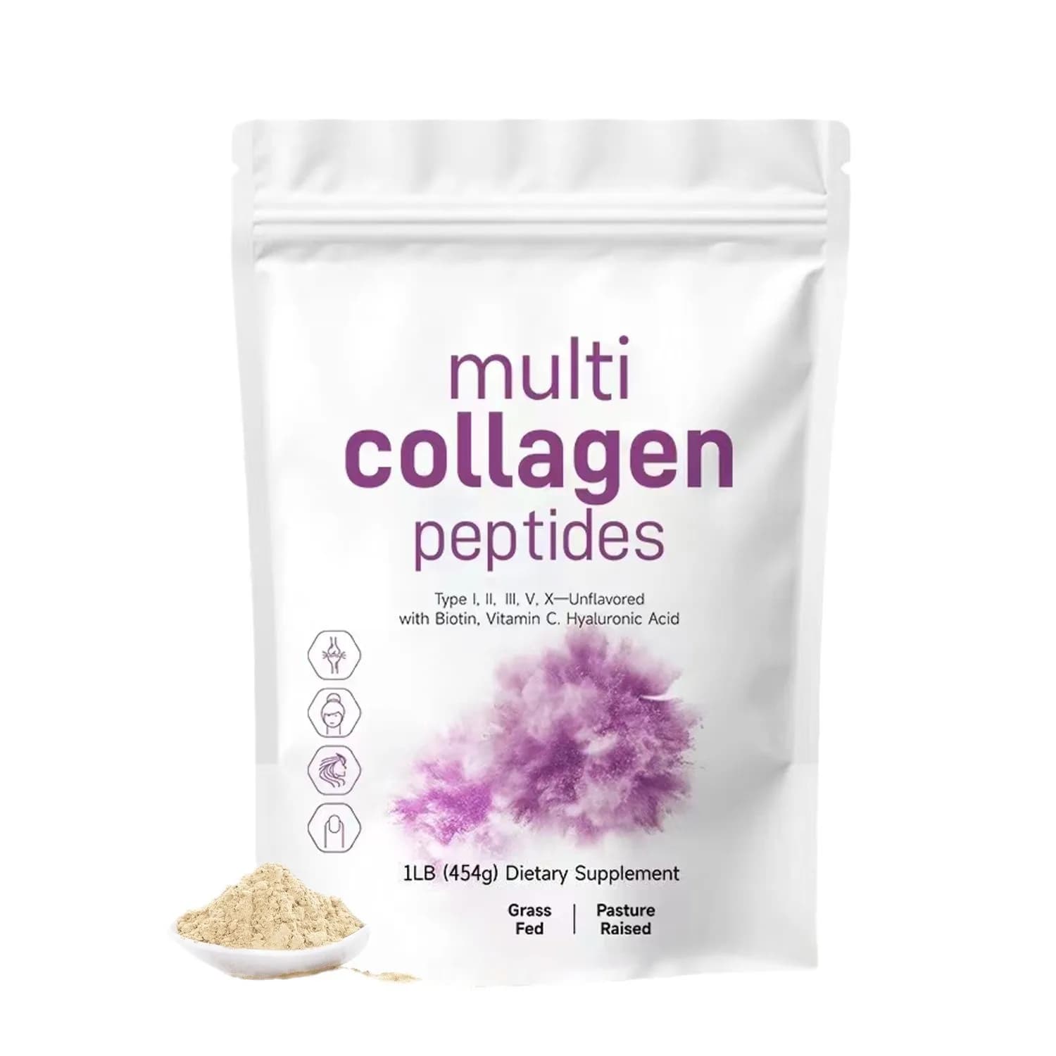 Multi-colagen protein Peptides powdered from 1 pound, type I, II, III, V, X - not flavoured with biotin 10000 mcg, vitamin C, hyaluronic acid