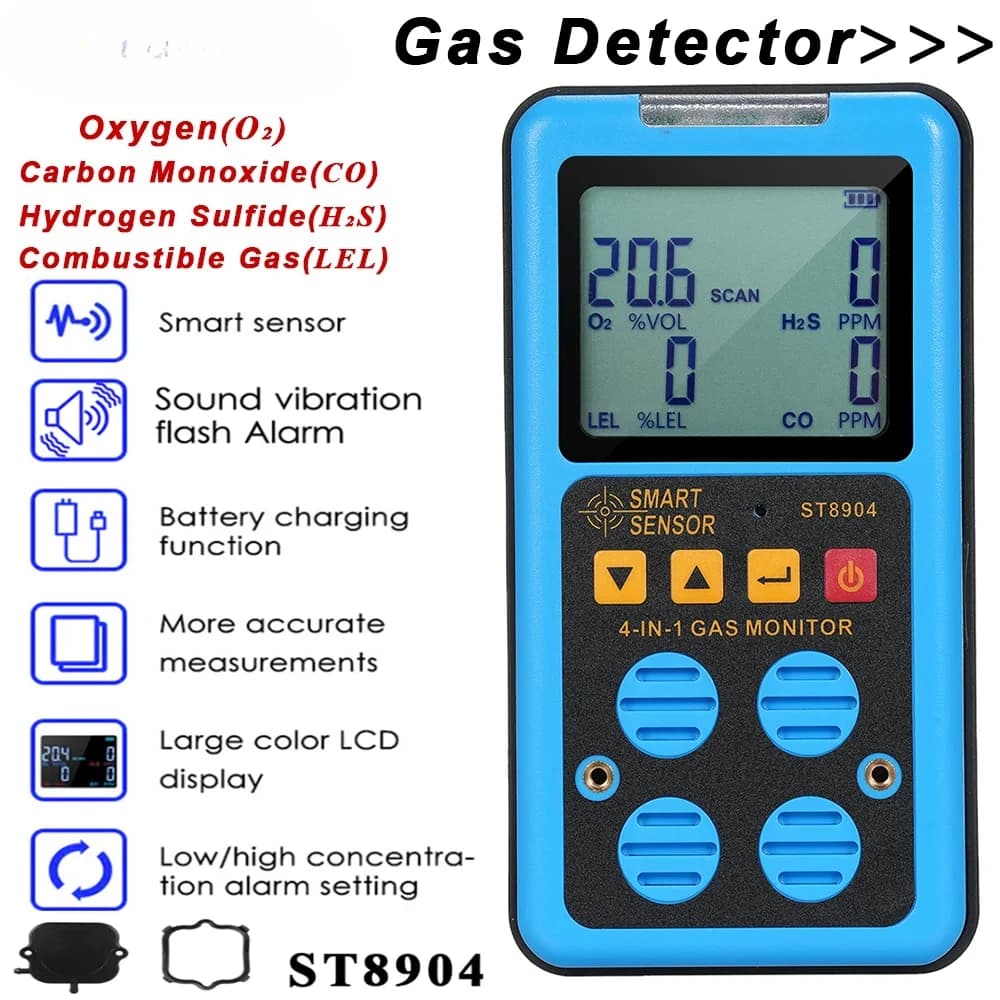 Rilevatore di Gas Multifunzione SMART SENSOR ST8904, Misuratore di Gas Combustibile LEL, Ossigeno O2, Idrogeno Solfuro H2S, Monossido di Carbonio CO