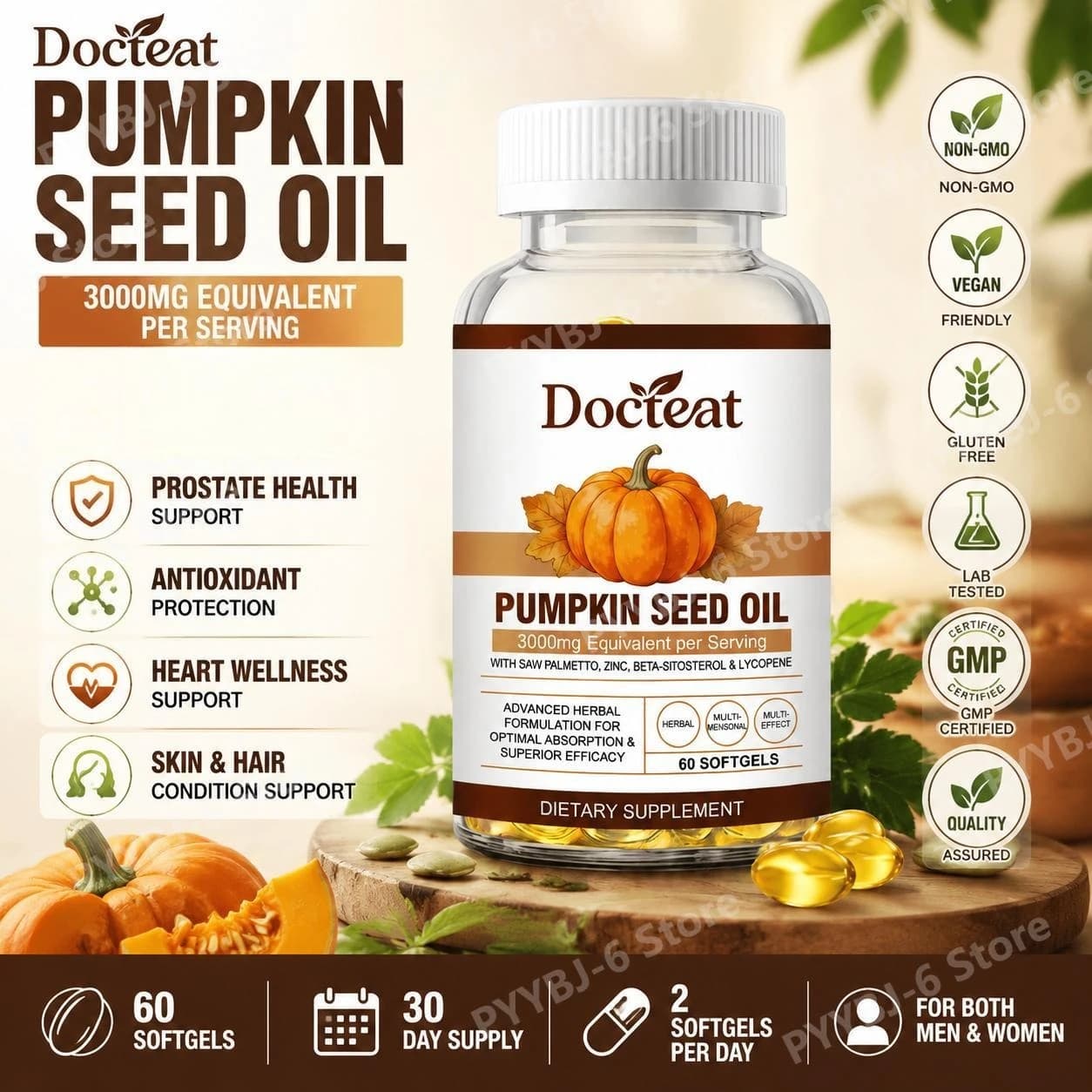 Docteat Pumpkin Seed Oil Softgels 60 Count with Zinc & Vitamin E, Antioxidant Protection, Prostate Support, Health Supplement