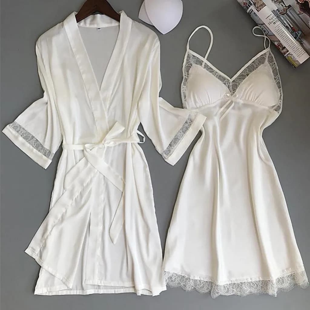 Women's Lace Sexy Night Shirt Nightwear Two-piece Set Satin Material Pigiama for Women's Home Soft and silky Valentine's Gift