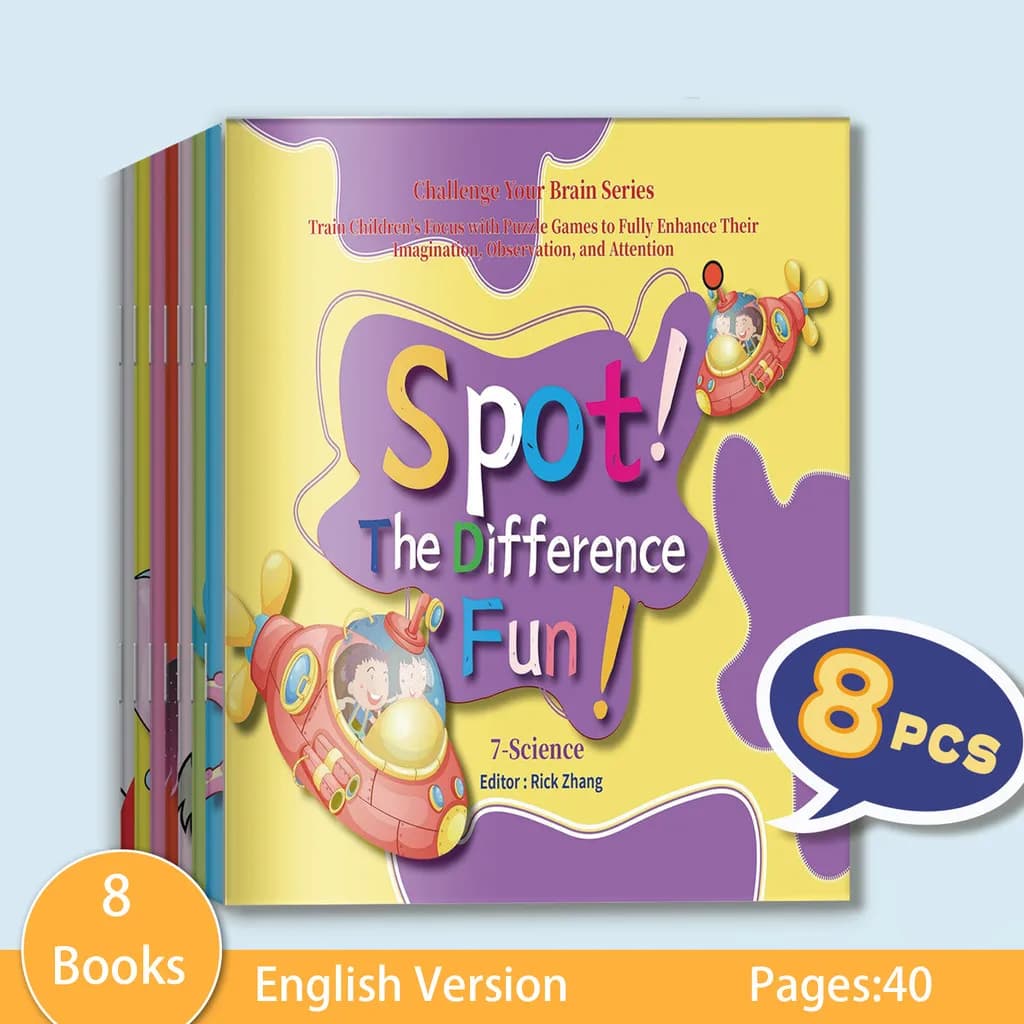Libri Puzzle Trova le Differenze per Bambini - Set di 8 Libri (Forme, Colori, Vita Quotidiana, Storie, Animali, Piante) - Attività di Ricerca