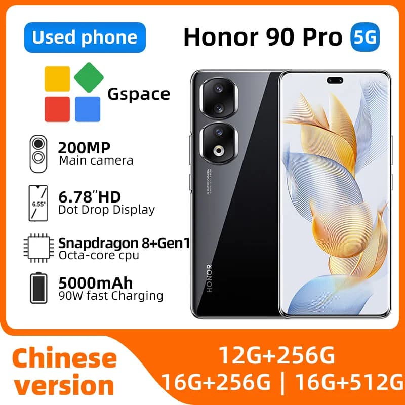 Honor 90 Pro 5G Smartphone Android CPIU Snapdragon 8+ Gen 1 Schermo da 6,78 pollici 120Hz Fotocamera da 200MP Batteria da 5000mAh NFC Telefono usato