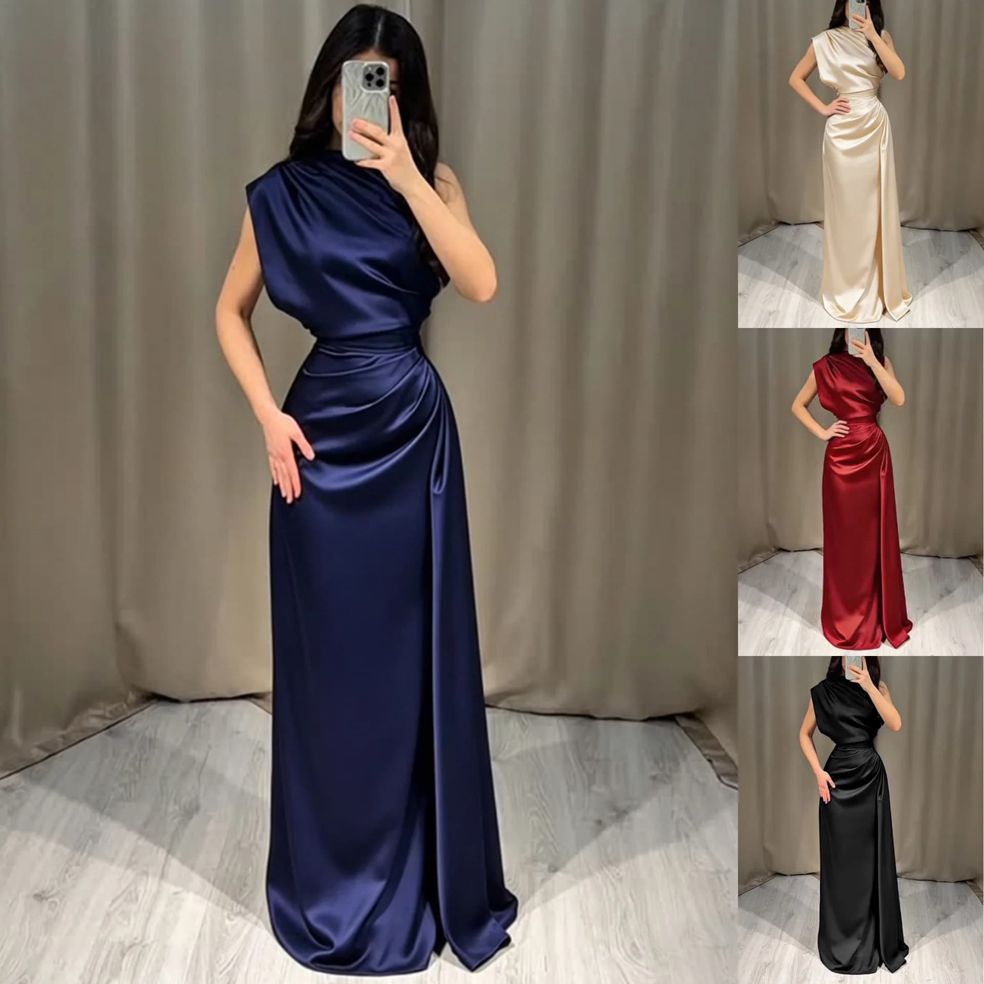 Nuovo Abito Elegante 2026 in Raso con Collo Rotondo e Vita Plissettata