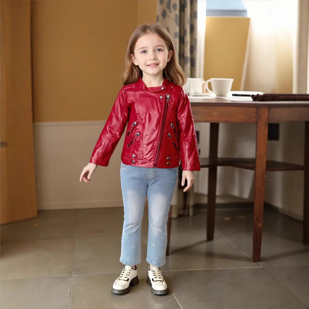 Abbigliamento per fotografia di strada per bambini adolescenti 2-12 anni Ragazze Natale Rosa Rosso Giacca in pelle per moto Cappotto antivento impermeabile per bambini