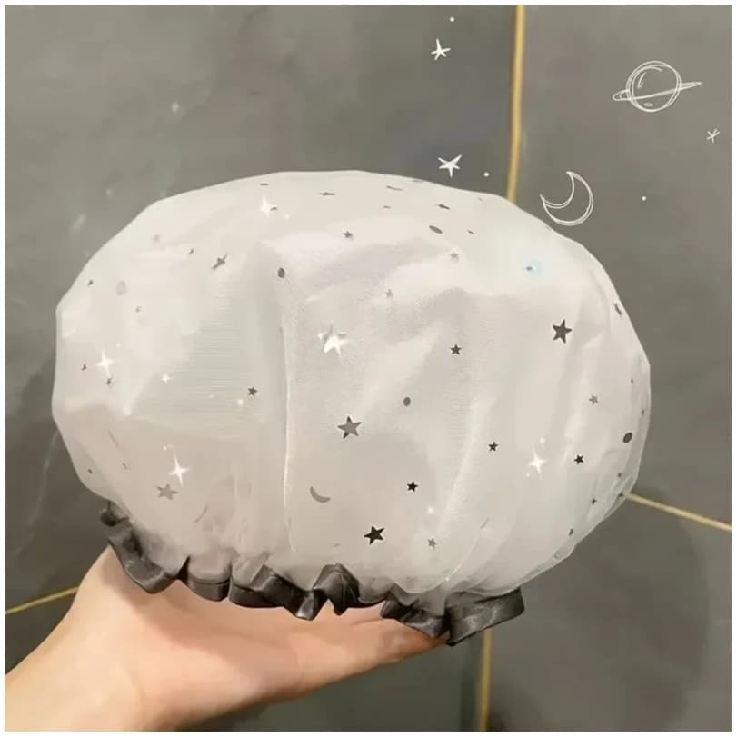 Double Layer Waterproof Shower Head Design Starry Sky Fashionable Reusable Bathroom Hat Oilproof Kitchen Hat