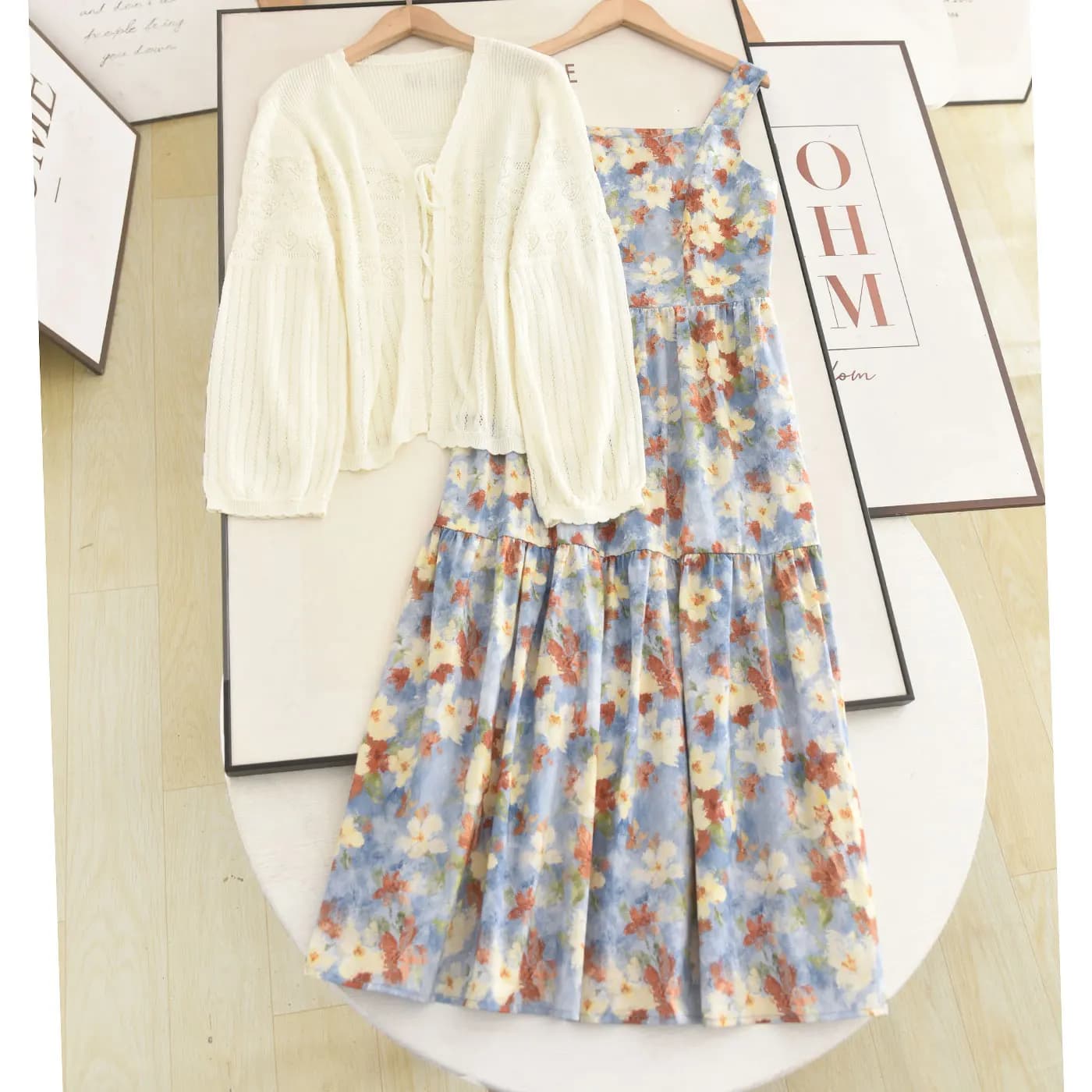 Vacation Style Hollow out Sleeveless Dress Vest Thin Belted Summer Fashion Set Women's Long Sleeve Cardigan Floral Print
