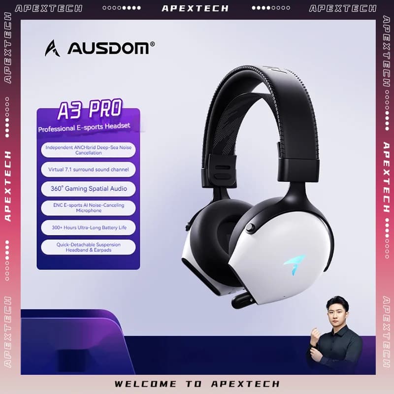 AUSDOM A3 Pro ANC Cuffie da Gaming Wireless - Cancellazione del Rumore Ibrida -52dB, Driver da 53mm, Batteria 300h, 2.4G/Bluetooth per PC e Mobile