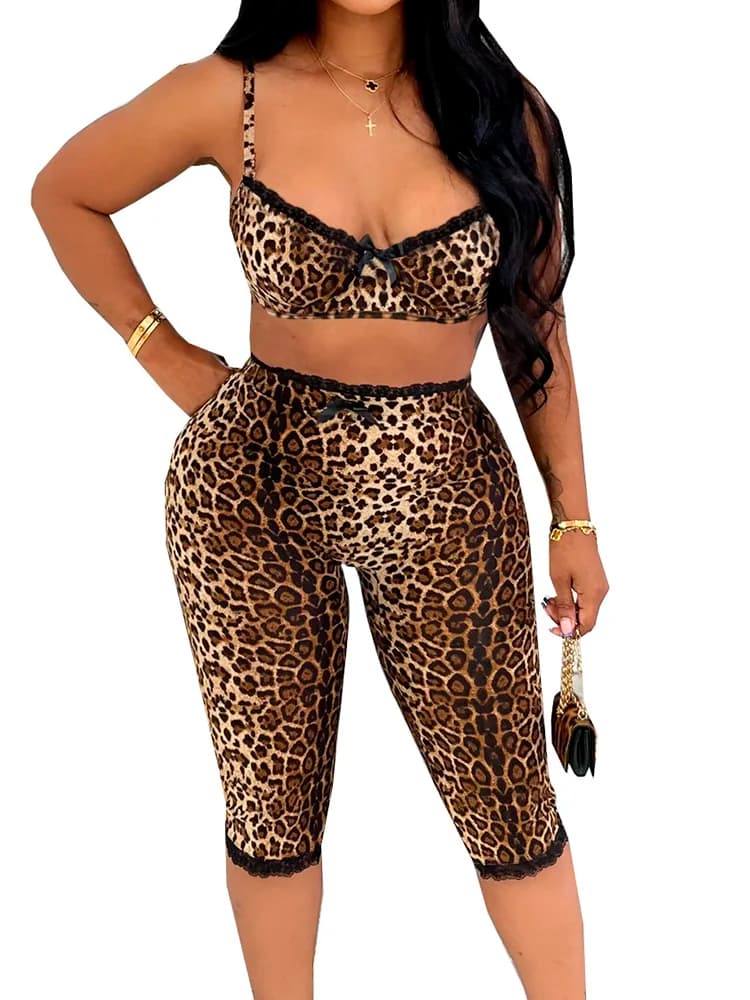 Sexy Leopard Print Womens Two Piece Outfits 2026 Summer Fashion Lace Trim Bralette Top and Capri Pants Sets Night Out Clubwear