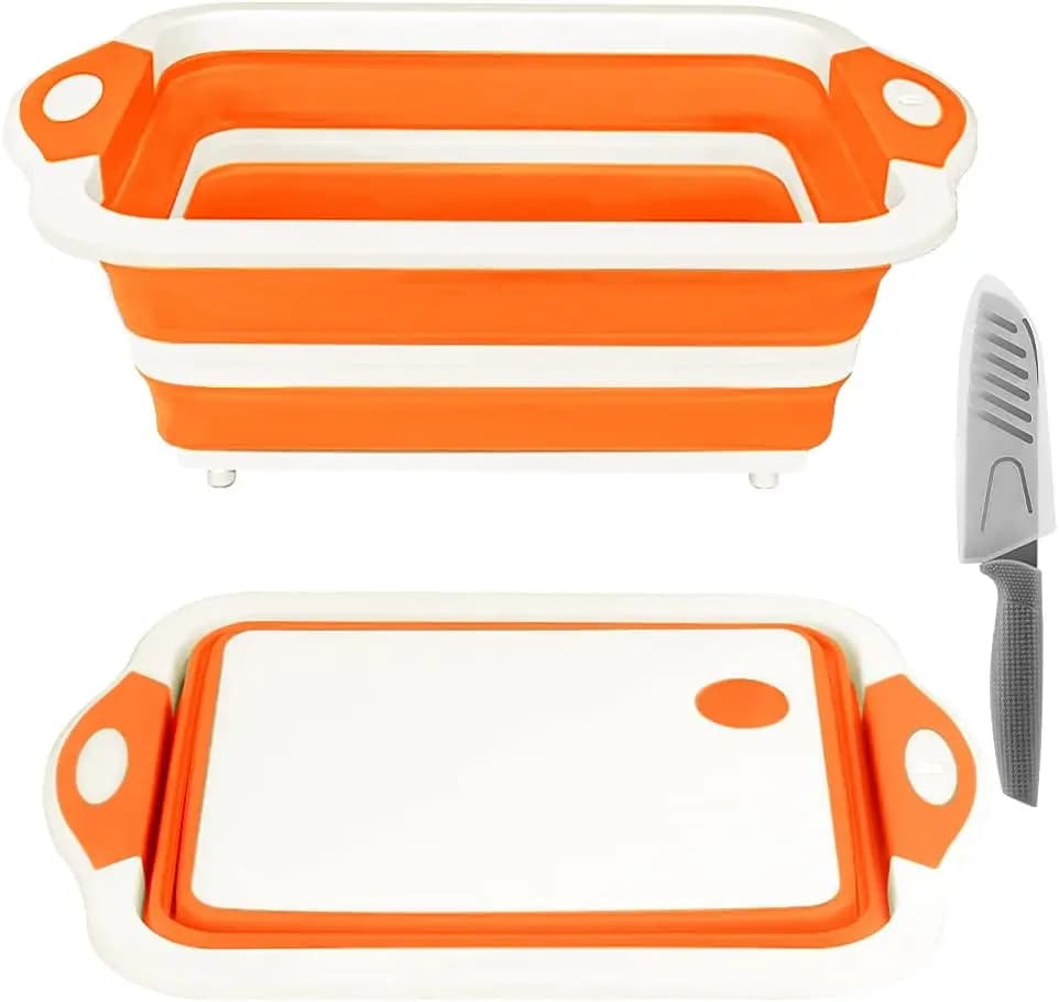 Tagliere Pieghevole 3-in-1 con Scolapasta, Cesto Portatile per Lavaggio in Cucina, BBQ, Campeggio, Picnic (Arancione)