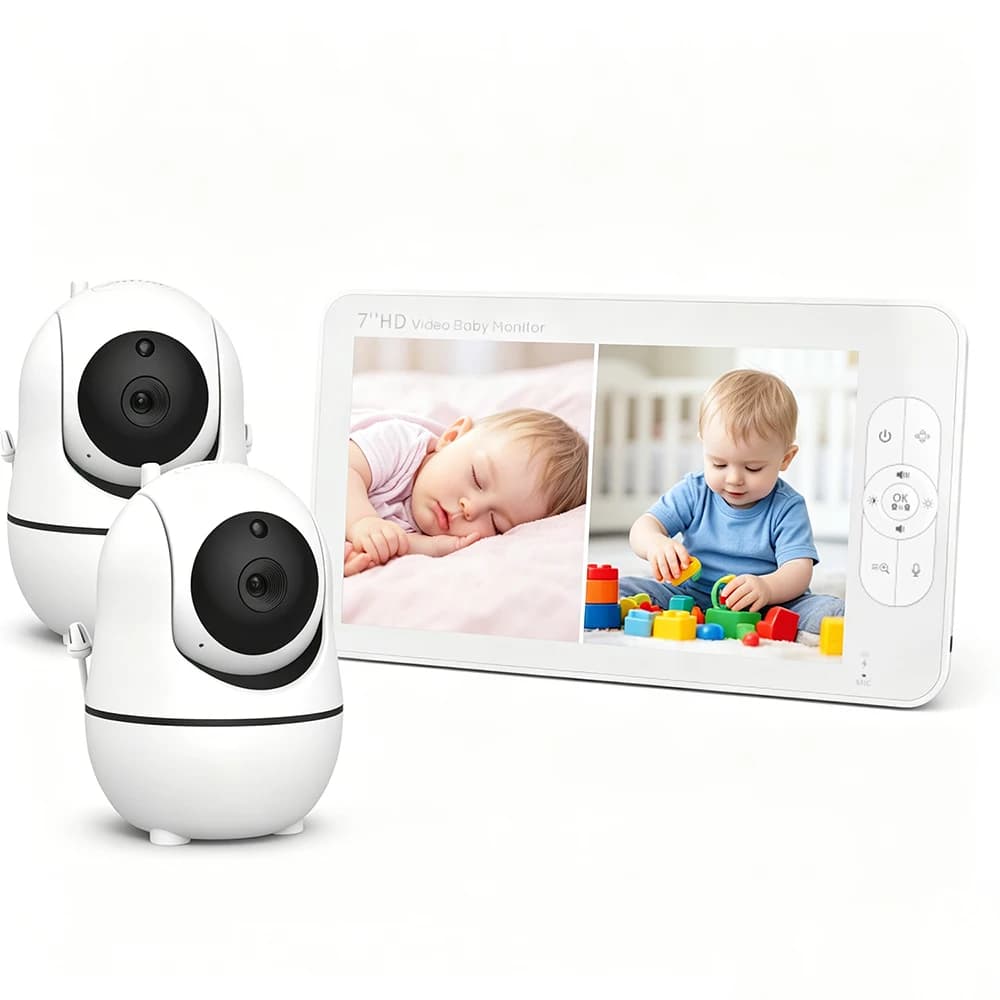 Monitor per Bambini 7 Pollici 1080P con Doppia Telecamera, Schermo Diviso, Pan-Tilt-Zoom, Audio Bidirezionale, Visione Notturna, Telecamera di Sicurezza Domestica