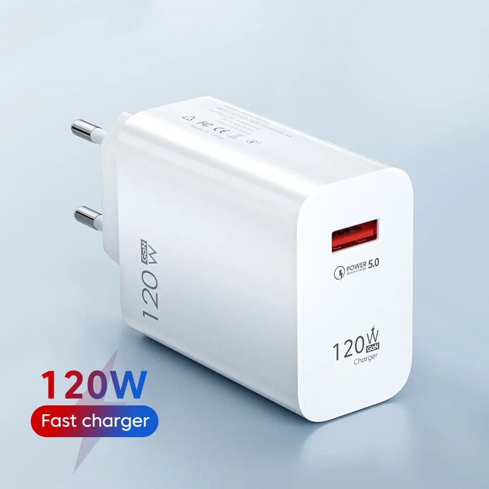 Quick Charge USB GaN 120W Charger for iPhone Samsung Xiaomi Redmi Note, Type C cable 1m, Wall adapter for Smartphone