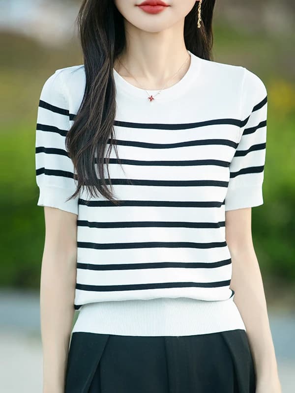 Fashionable round Neck Striped Ice Silk Casual Short Sleeve Knitted T-Shirt Women's Standard Fit Summer Top New Arrival