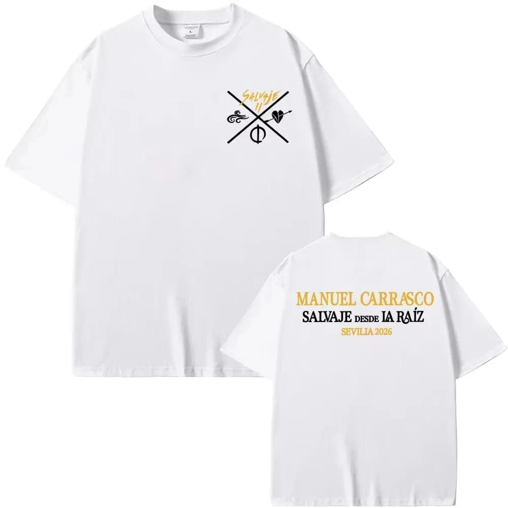 T-shirt girocollo alla moda per uomo e donna Estate 2026, con stampa Manuel Carrasco Salvaje Desde Ia Raiz Sevilla, in cotone
