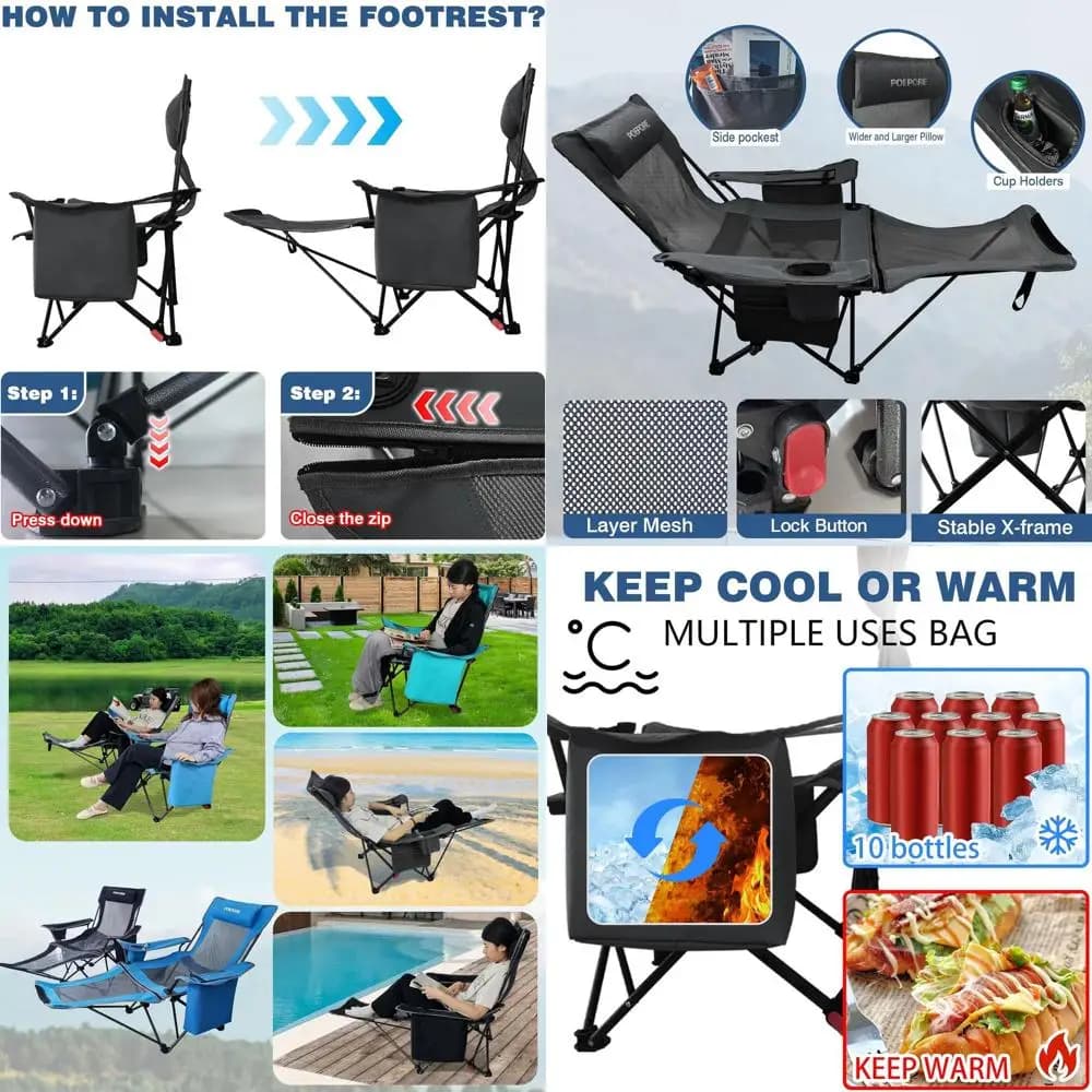 4-position reclining camping chair with footrest, comfortable for adults up to 120 kg, sunbed with thermal bag, cotton cushion