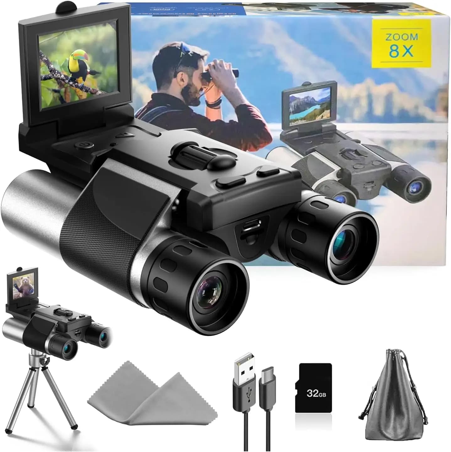 Binocolo con Zoom Digitale 8X, Fotocamera da 40MP, Video 2.5K e Scheda SD da 32GB per Avventure all'Aperto