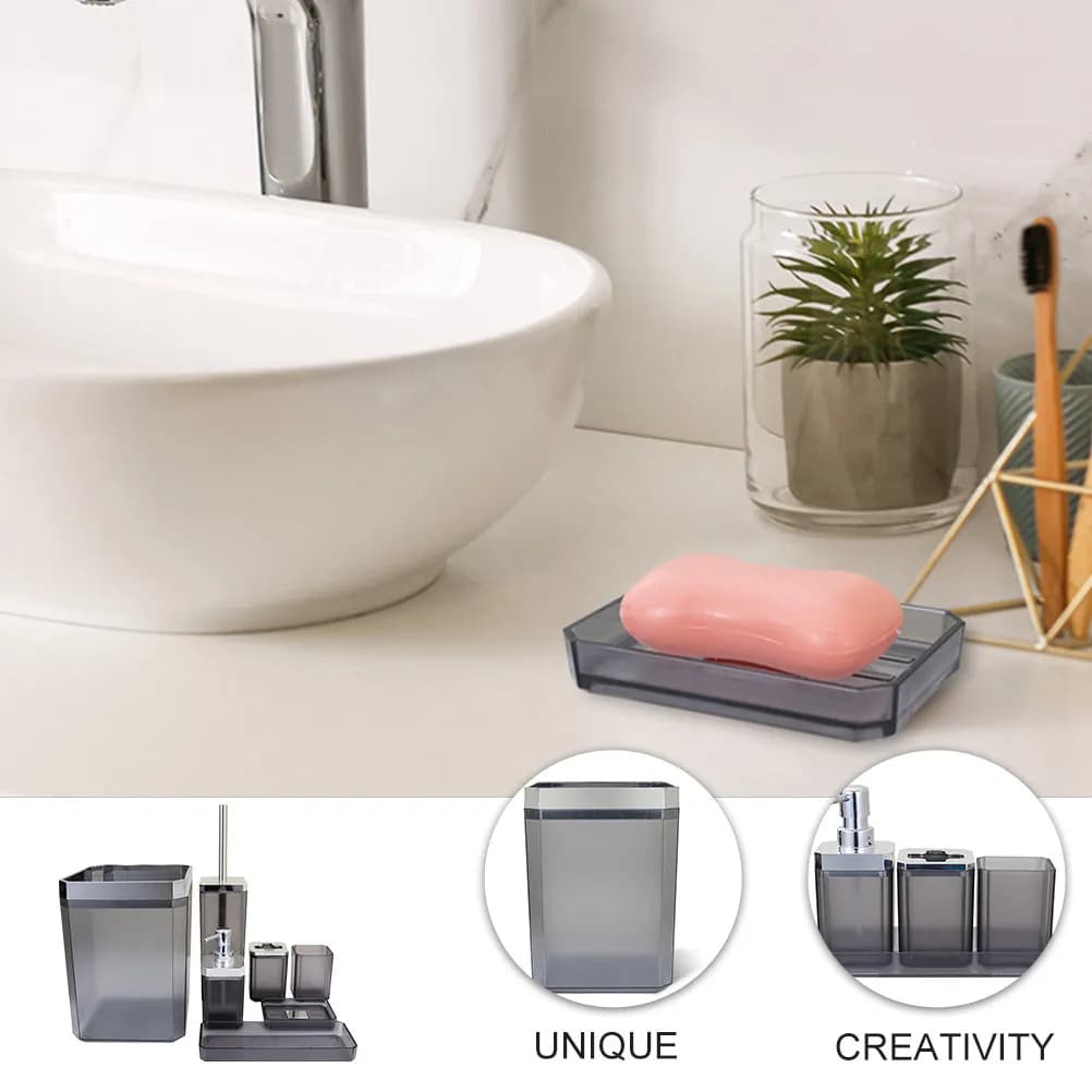 Set di Accessori per il Bagno Premium Multifunzione: Portaspazzolino, Portasapone, Dispenser per Lozione, Bottiglia, Cestino per Rifiuti