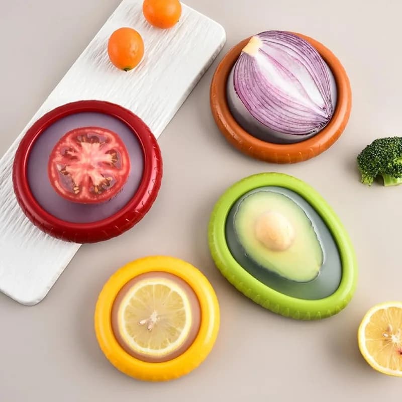Contenitore per Conservazione Frutta (1 o 4 Pezzi) con Pellicola Sigillante, Colori Rosso, Verde, Arancione, Giallo, per Avocado, Pomodoro, Cipolla, Limone