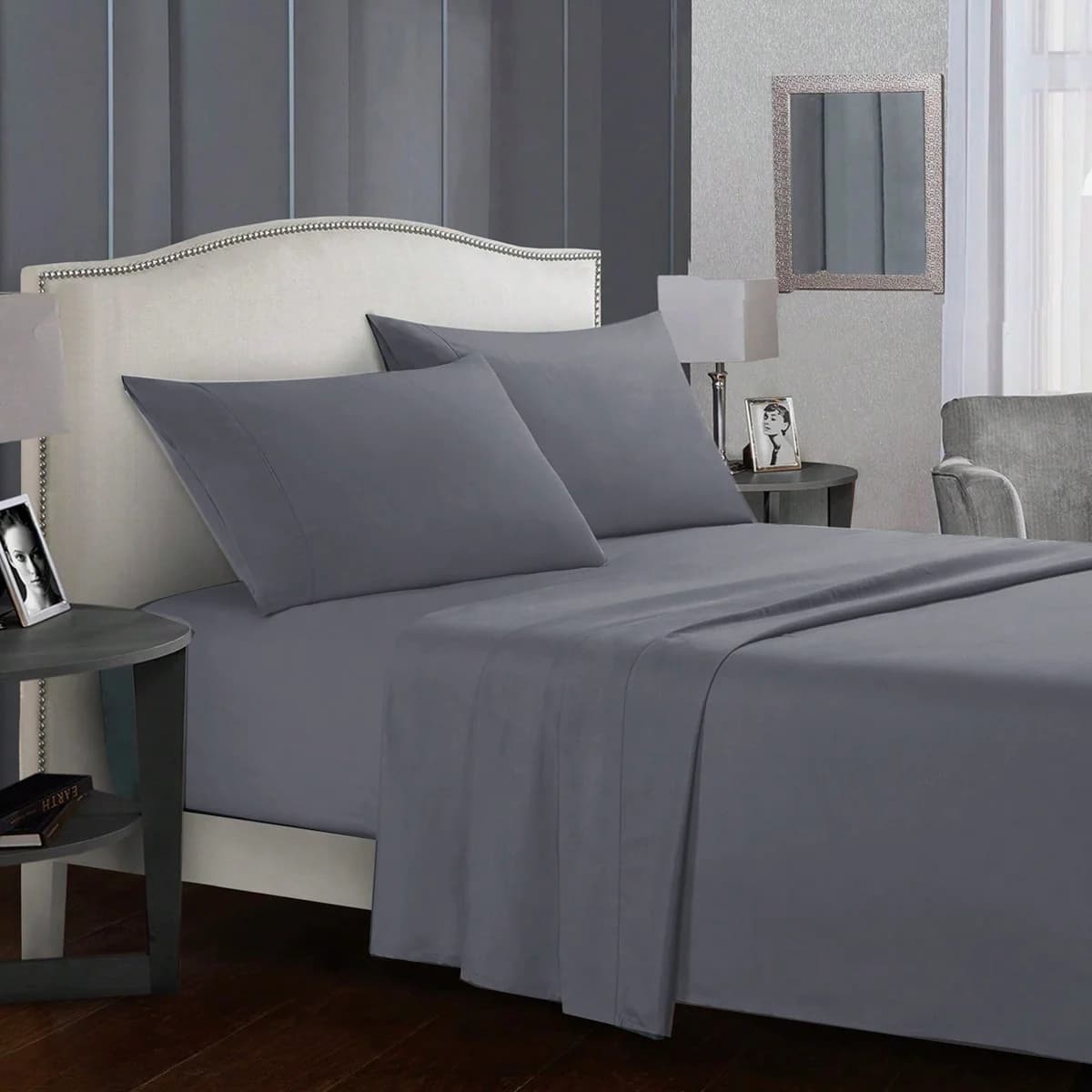 Solid 3/4-piece bed set, sheet with waterproof corners, soft pillow and pillowcase, Queen, KIng, Full, Twin Size, White and Grey
