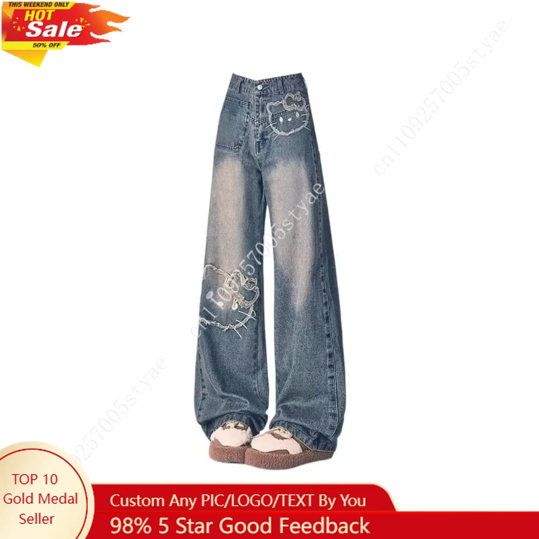 Hello Kitty High Street Retro KT Jeans Jeans a gamba larga con patch ricamati Pantaloni da donna estivi a gamba dritta Pantaloni versatili