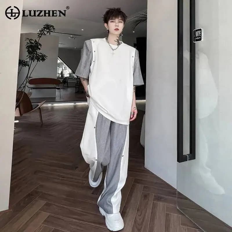 LUZHEN Two-piece 2026 New Korean Handsome Color Contrast Splicing Design Sets Men Fashion Short Sleeve T-shirts And Pants JY8008