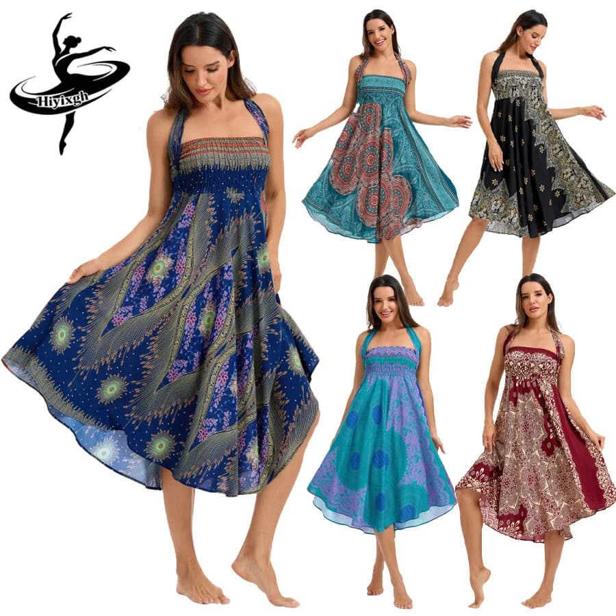 Abito Boho da Donna in Rayon Traspirante Morbido Estivo, Gonna Lunga Bohemien, Abbigliamento da Spiaggia per Vacanze, Vestito Hippie con Elastico in Vita e Halter