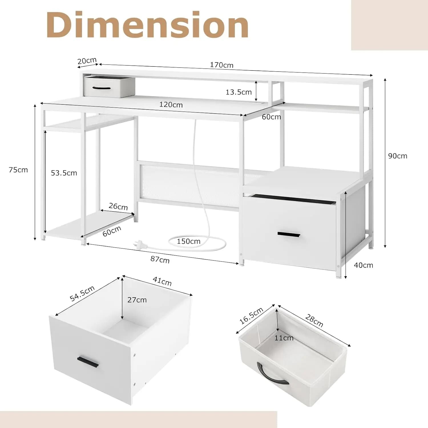 Computer desk with monitor support and document drawer, large home office desk with power sockets and USB ports, workstations with storage space