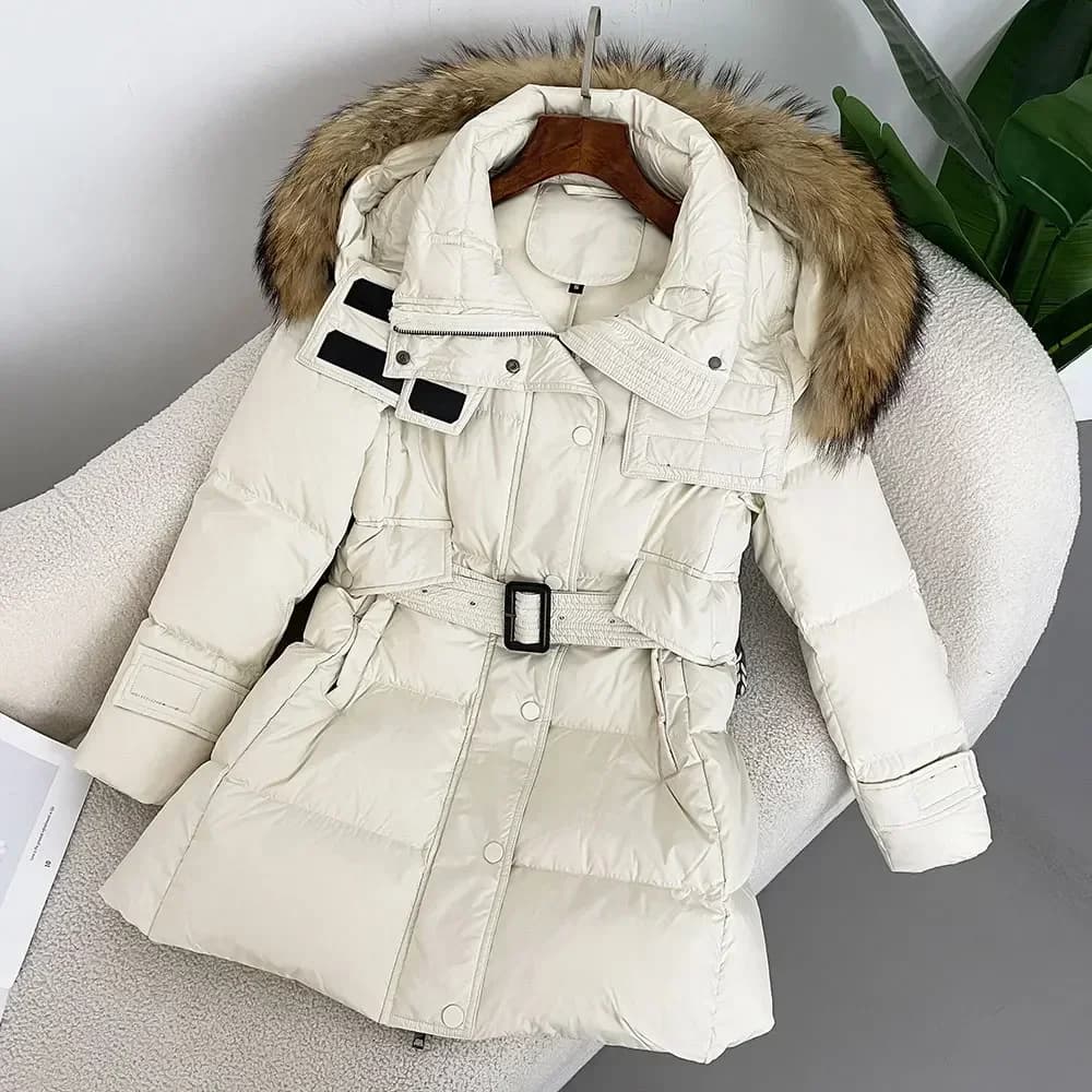 Down jacket in real fur jacket warm woman often 2024 new winter real fur fox/procione belt with hood white duck jacket woman