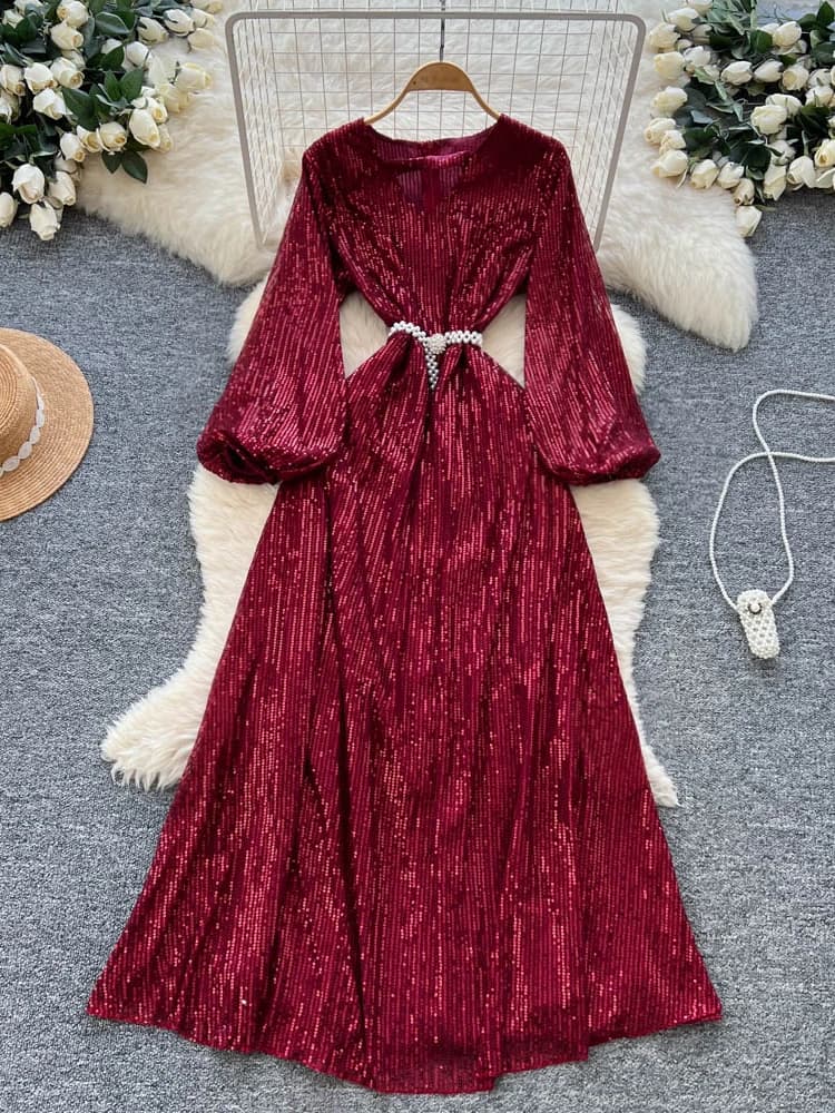 Elegant Hollow out Design Lantern Sleeve Sequin Dress Women's Slimming High Waist A-Line Skirt Long Sleeve French Style Dress