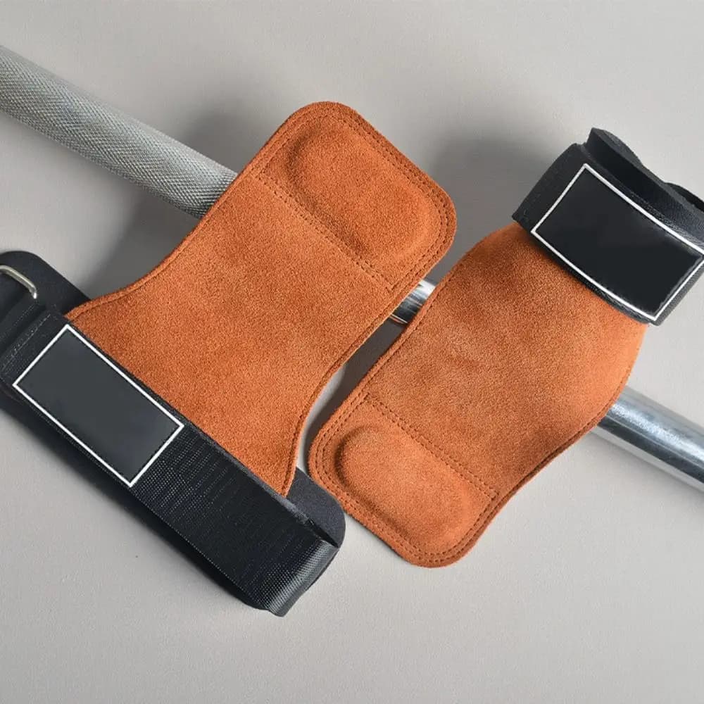 Cuscinetti Guanti da palestra in pelle bovina Antiscivolo Doppia cintura stacco in pelle Protezione del palmo Polsino Guanti da sollevamento pesi Allenamento in palestra