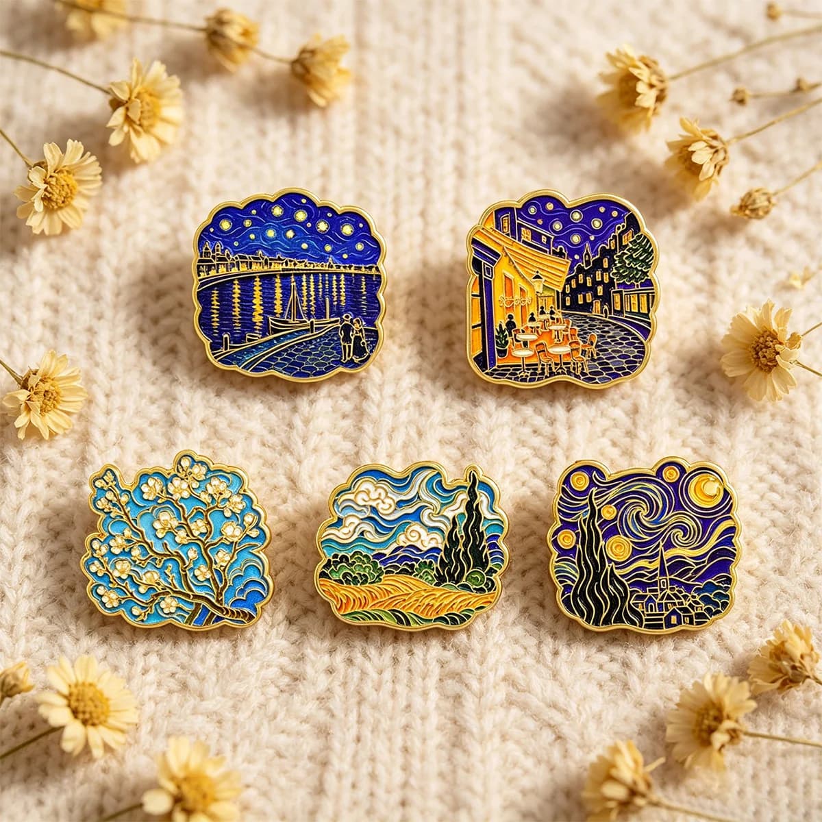 5pcs Van Gogh Art Enamel Pin Set Starry Night Brooch Classical Oil Painting Lapel Pin Fashion Metal Badge Backpack Jewelry Gift