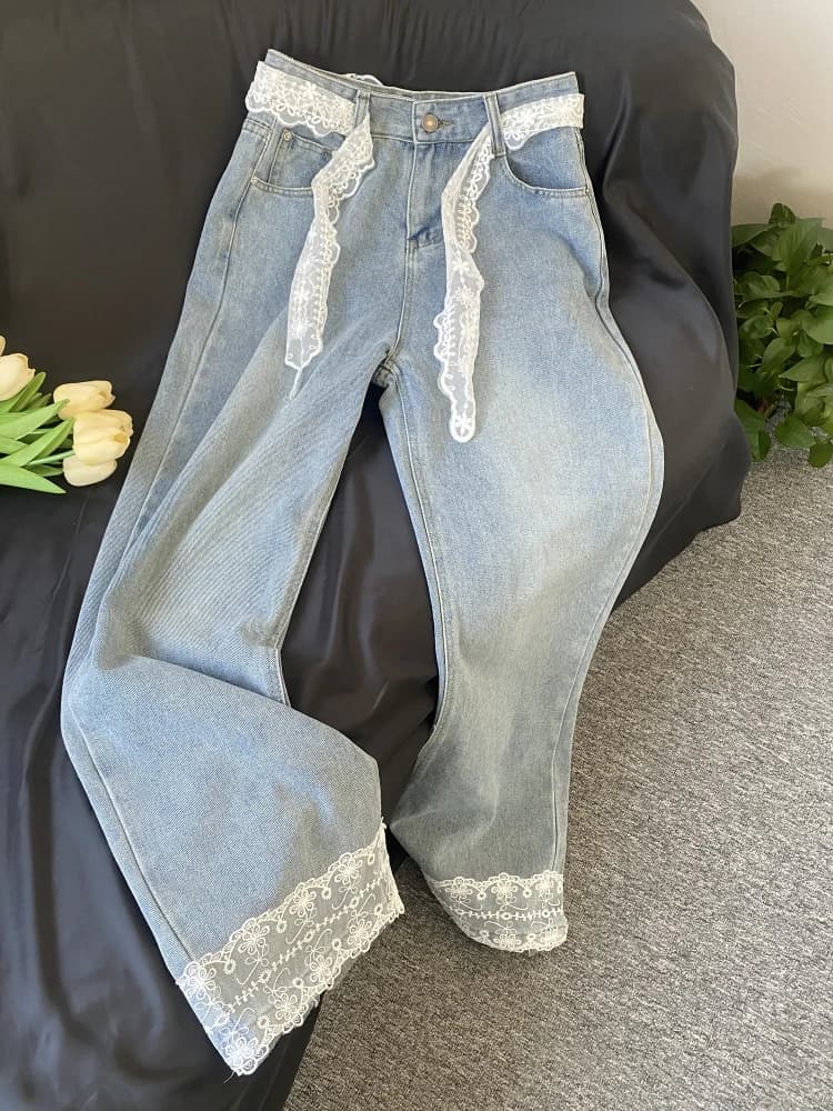Jeans in Gamba Larga with Patchwork in Lace Style Retro 2025, High Waist Denim Pants, Korean Style, Casual Pants