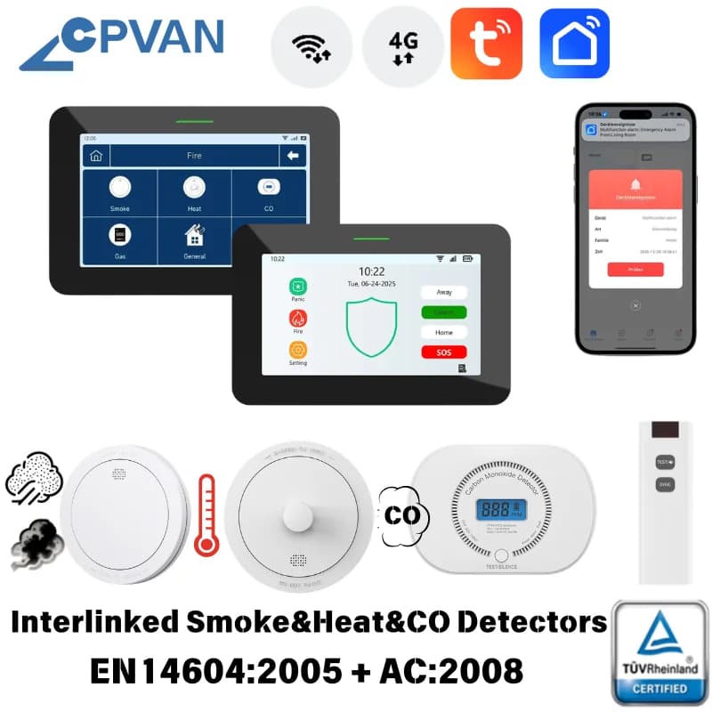 CPVAN Wireless Home Fire Alarm System Smoke Heat CO Interlinked Detectors Combine to Alarm Panel Support Wifi 4G Tuya Smart Life