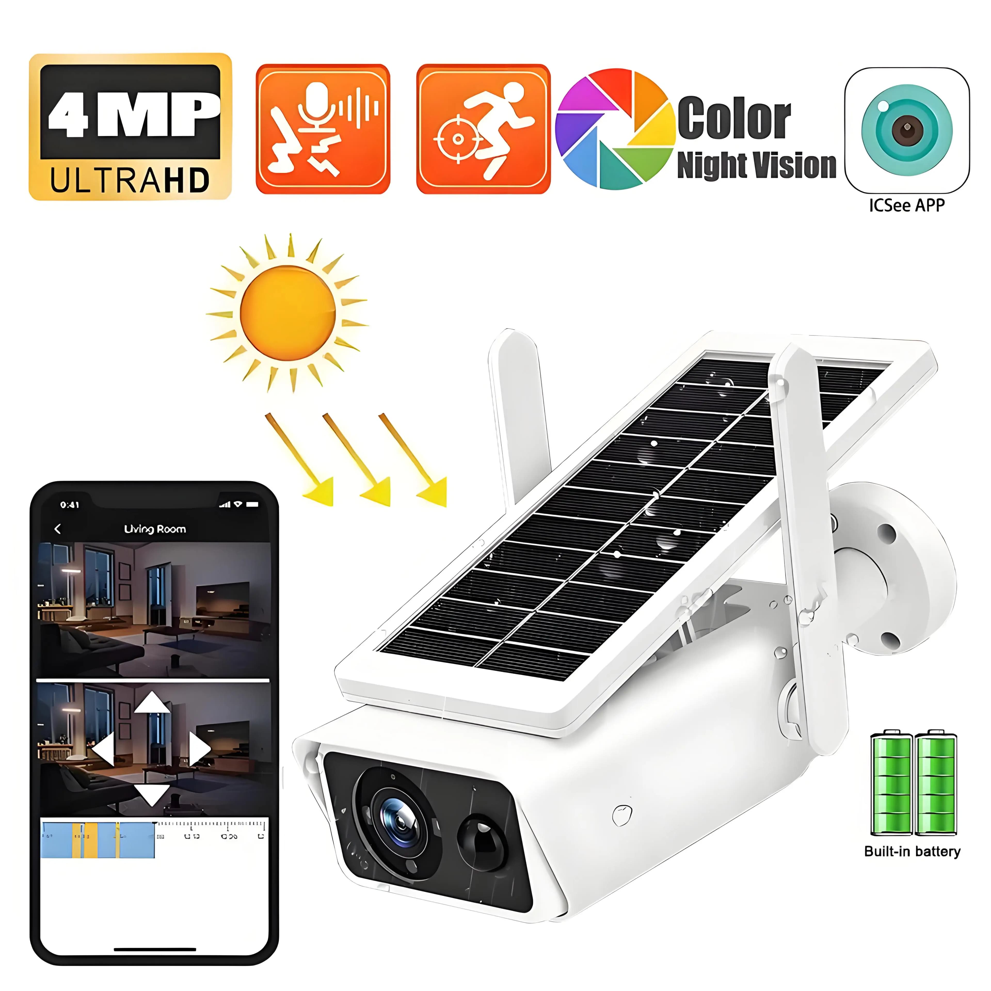 Telecamera solare Wifi da 4 MP Alimentazione a batteria integrata senza fili Telecamera IP esterna 4K da 8 MP IP66 Telecamere bullet di sicurezza per videosorveglianza PIR