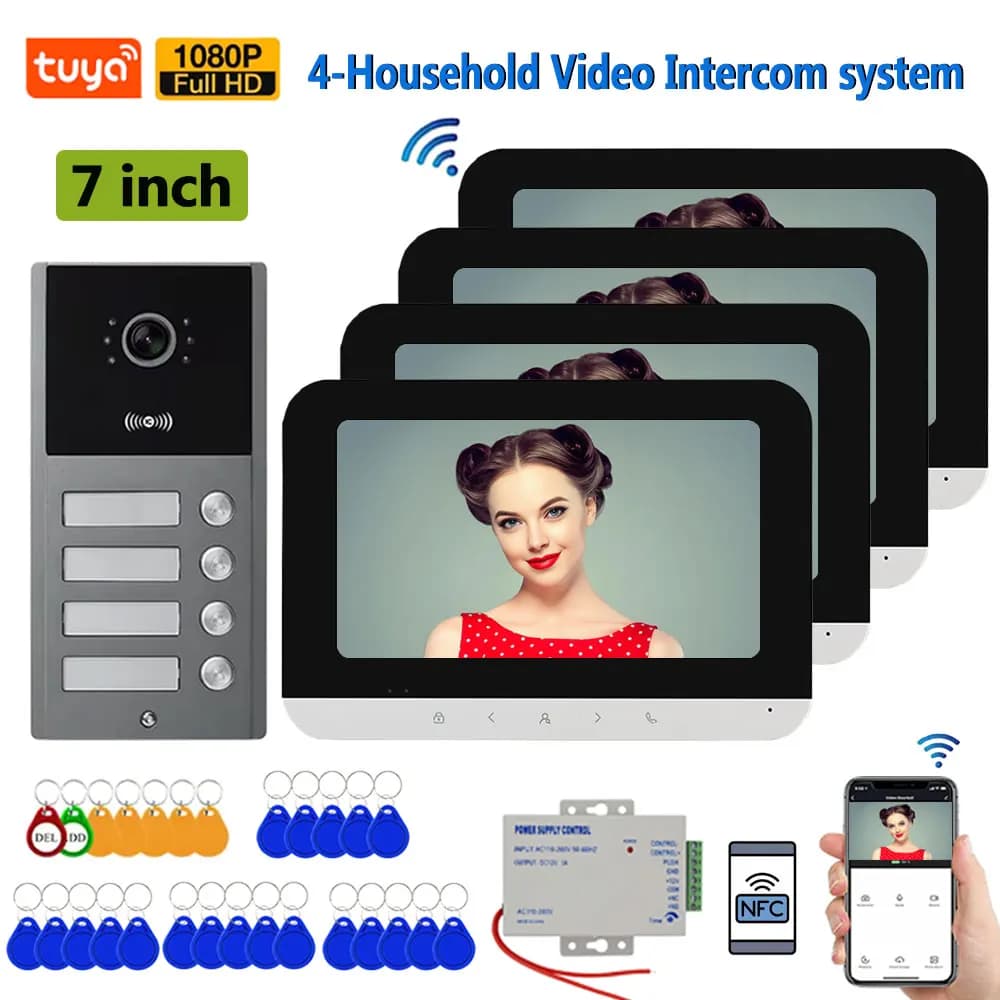 Videocitofono Tuya Wifi per 2/3/4 appartamenti, sistema citofonico residenziale a 4 fili con schermo da 7 pollici e sblocco tramite scheda RFID