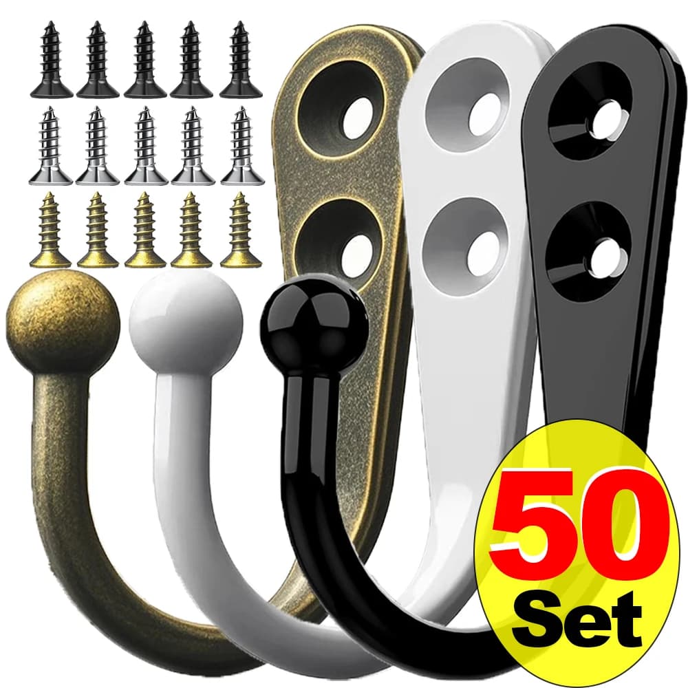 1-50 Set Hooks in Alloy with Screws Hooks for Hanging Walls for Hanging Coats Scarves Bags Towels Keys Cups Hats and Others