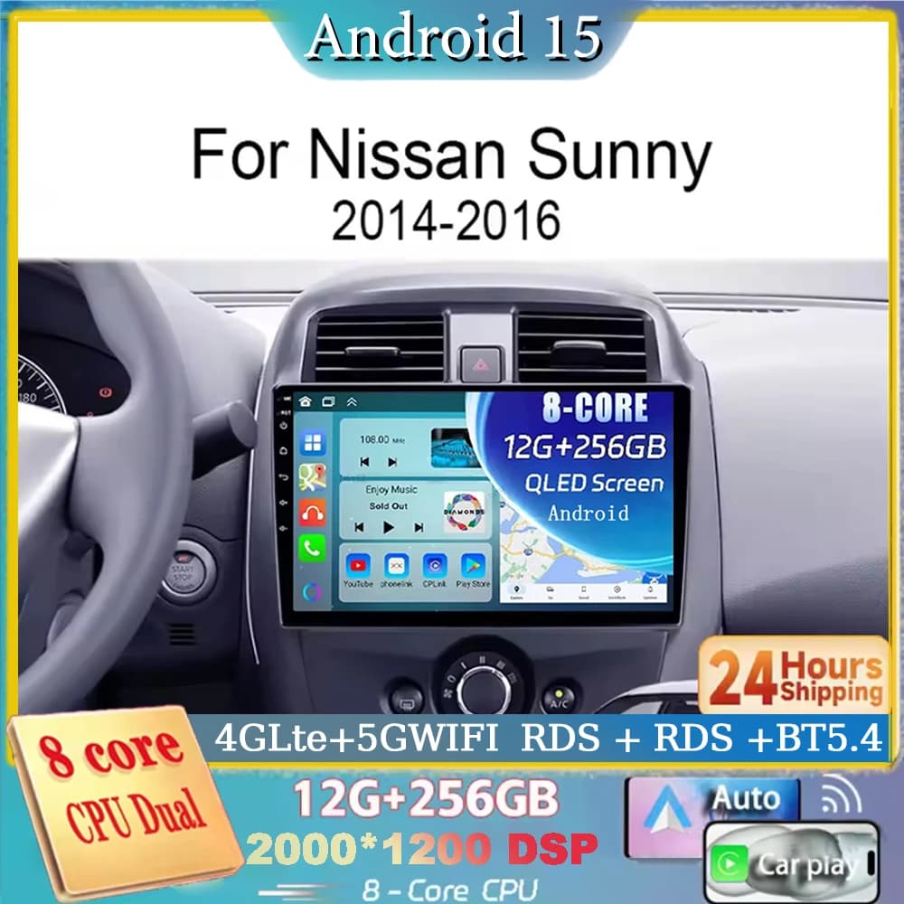 Android 15 Carplay Auto For Nissan Sunny 2014 2015 2016 Car Radio GPS Navigation Video Player 2 Din Stereo WIFI 4G BT Head Unit