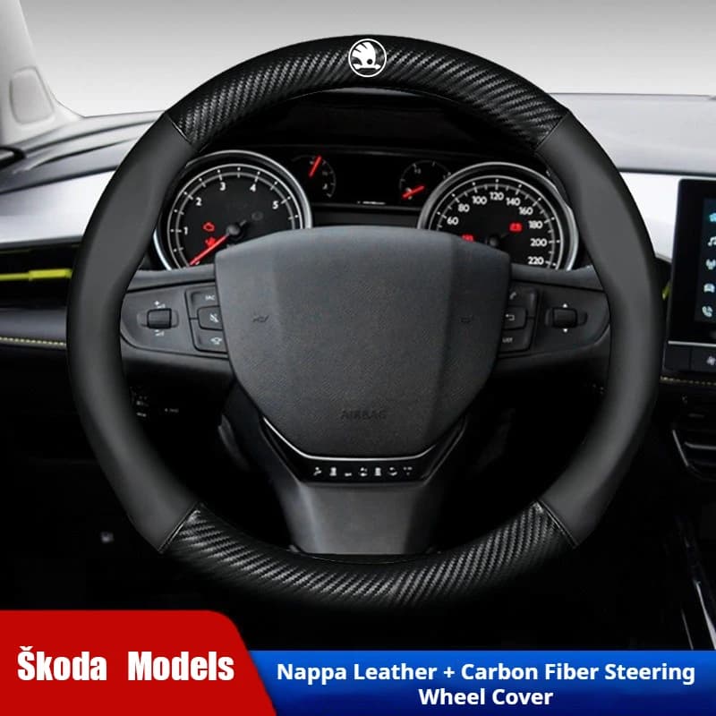 Skoda logo cover - Carbon fiber texture, leather, non-slip, suitable for all Skoda models, interior decoration car