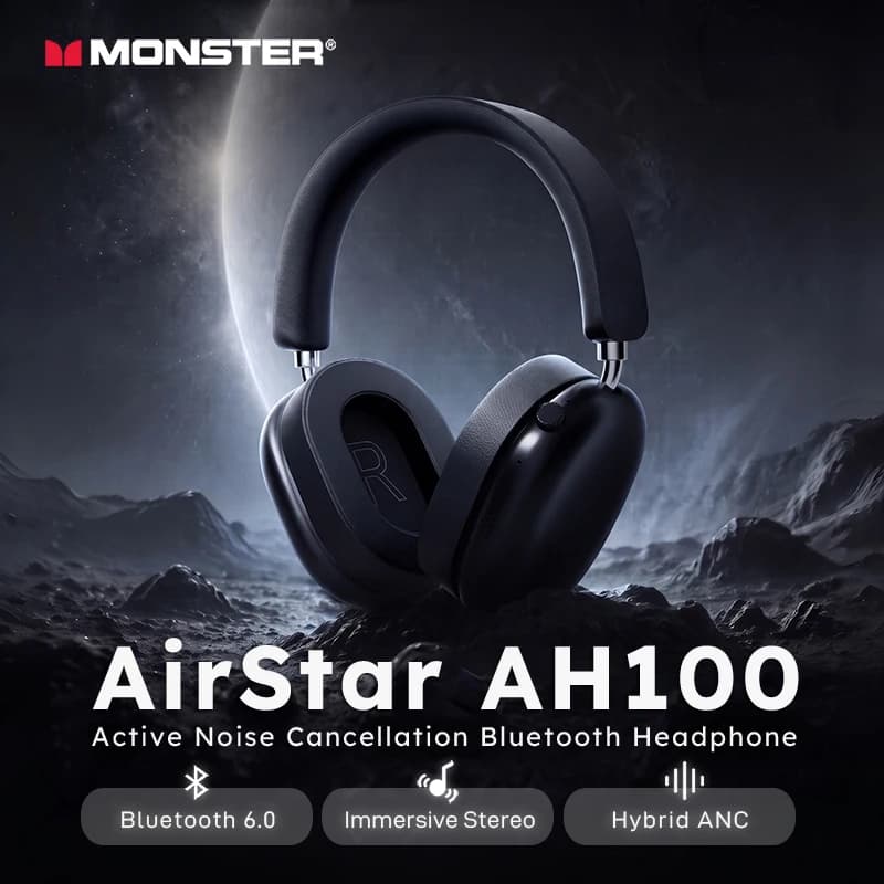 Monster AH100 ANC Over-Ear Headphone Bluetooth 6.0 -45dB Active Noise Cancelling Earphones Hifi Stereo Wire/Wireless Headset