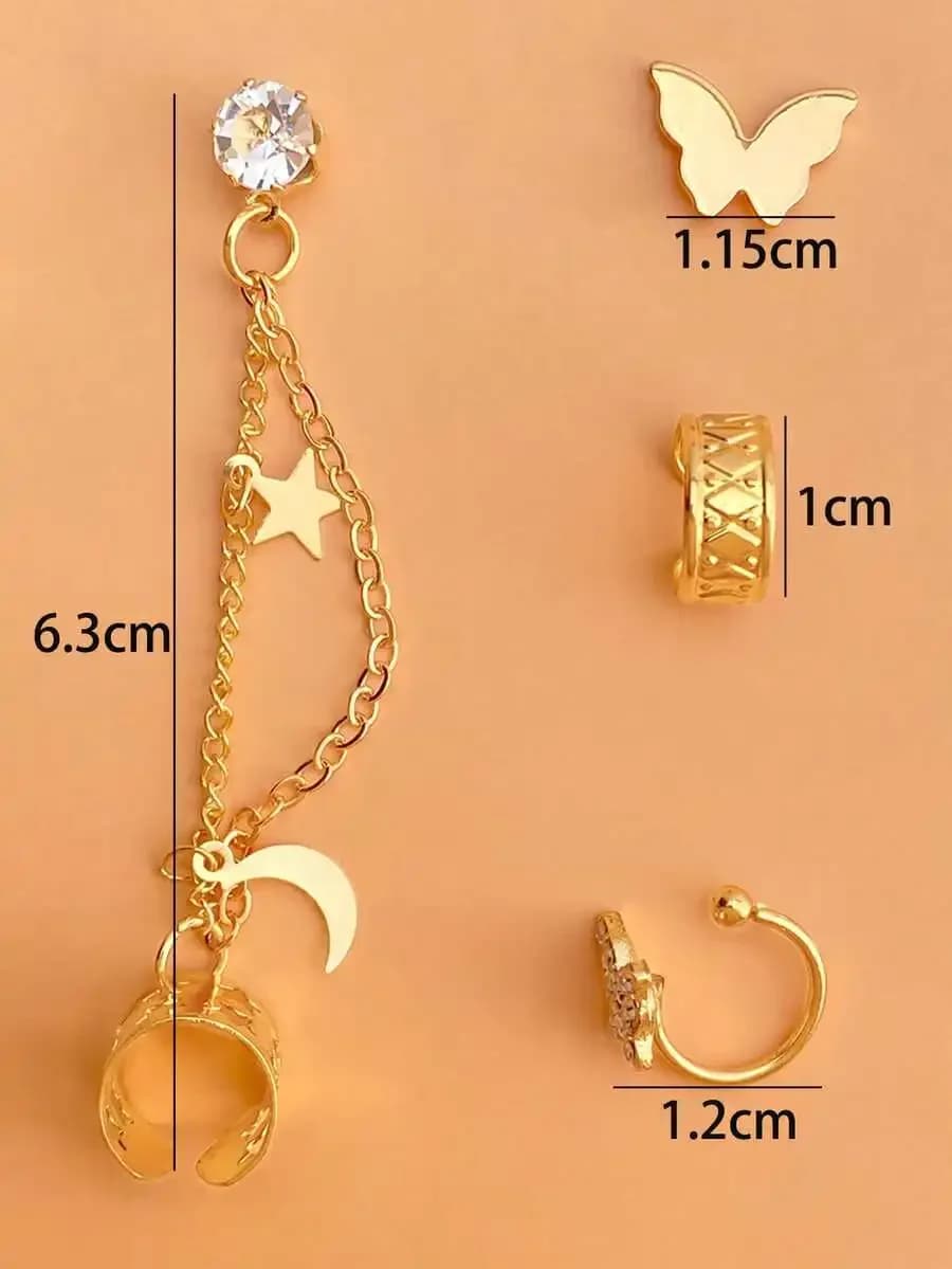 4pcs Rhinestone Star Butterfly Chain Earrings Set For Women