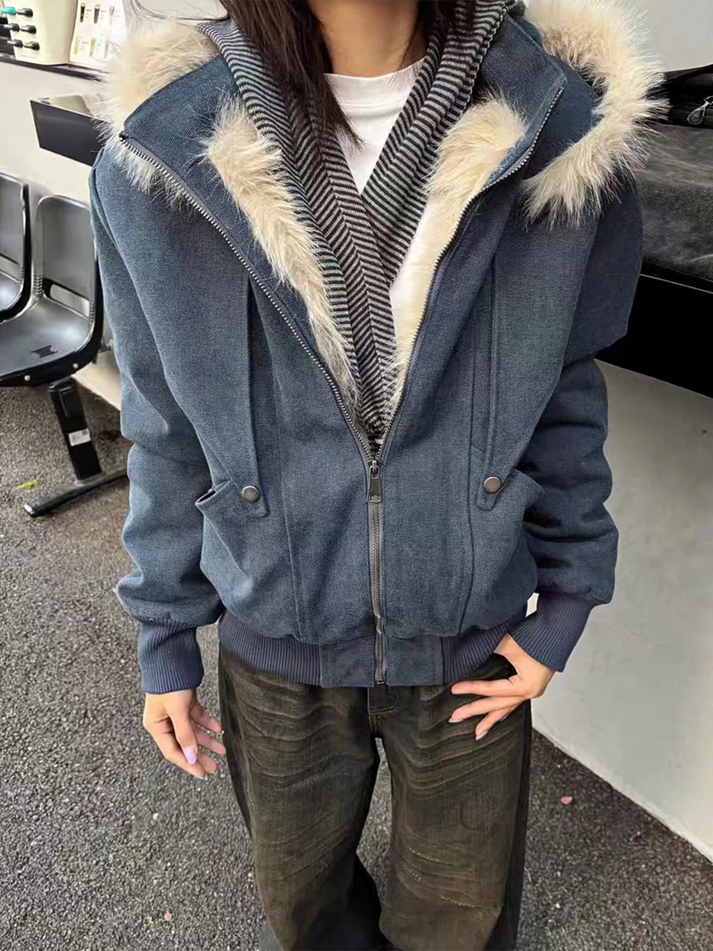 Men's Winter Thiened Fce Lined Jaet with Fur Collar Outdoor Loose Warm Cotton Coat Stand Fit Long Sve Hoodie